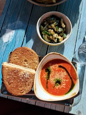 Pesto toast with tomato soup at Junk y Vegan in Helsinki