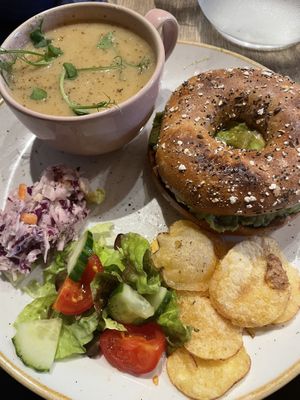 Soup and bagel served with salad and chips on the side  at Deli Gasta in Isle Of Skye