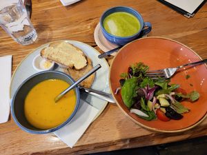 Soup & salad (half eaten!) and matcha latte at Deli Gasta in Isle Of Skye