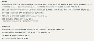 Dinner menu part 2 at Artist Residence in Penzance