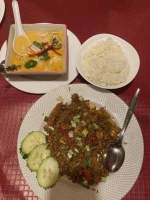 Thai fried rice and red curry with jasmine rice. The red curry flavour is amazing.   at Ristta Thai Food in Tenerife