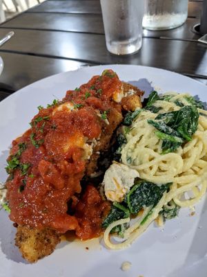 Tofu Parmesan with spaghetti at Yummvees in Richmond
