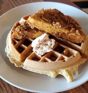 Chicken and waffles at Yummvees in Richmond
