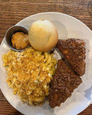 Chicken Mac n cheese cornbread muffin with a sweet heat butter absolutely wonderful  at Yummvees in Richmond