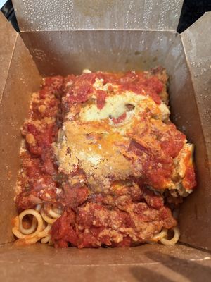 The “Chicken Parm” made with perfectly seasoned tofu.  at Yummvees in Richmond