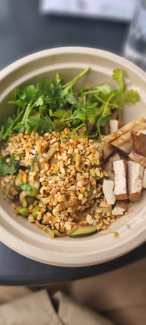Satay noodle bowl with tofu at Communitea Cafe in Canmore