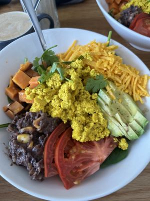 Vegan breakfast bowl with daiya cheesee  at Communitea Cafe in Canmore
