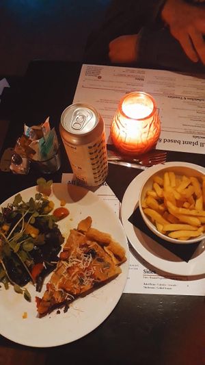 The plant based quiche & fries at The Music Cafe in Stratford-upon-avon