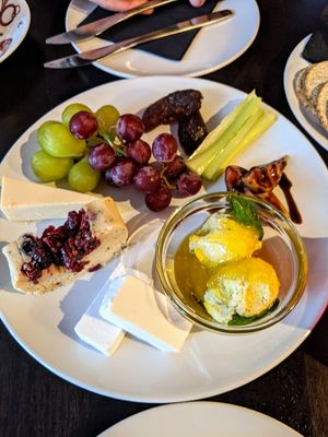 Vegan cheeseboard with two homemade cheeses at The Music Cafe in Stratford-upon-avon