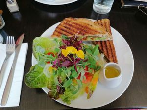 Vegan avo smash toasted sandwich, amazing salad too at The Music Cafe in Stratford-upon-avon