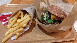 Heura burger with fries at Super Vegan in Barcelona