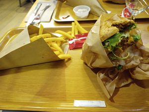 14.5€ for burger+fries+drink. The burger was heura/beyond, quite good at Super Vegan in Barcelona