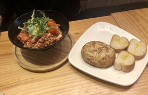 Lentil salad and potato omelette. Yum    at Super Vegan in Barcelona