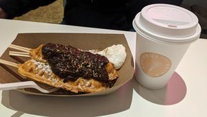 Chocolate ganache waffle fries with a peppermint latte at Coconut Whisk in Minneapolis