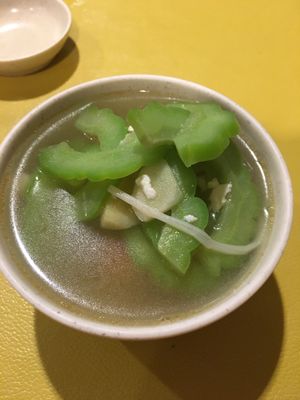 Bitter gourd and tofu soup. Flavourful, light and clean-tasting. Vegan.  at Tian Pin Vegetarian Restaurant in Petaling Jaya