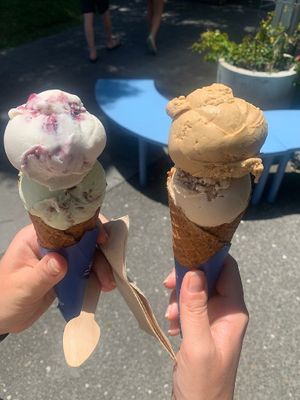 Mint Choc, Vanilla Berry, Pecan Caramell & Peanut Butter Chocolate Chip in a vegan, glutenfree waffle at Sea People Ice Cream in Mount Maunganui