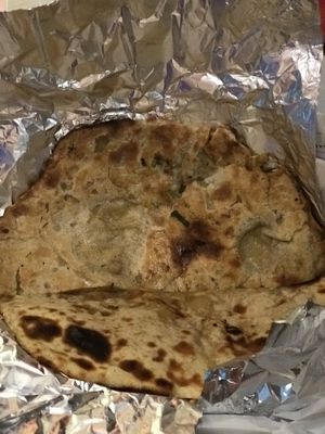 Aloo parantha (chef said this was made vegan):  whole wheat bread stuffed with potatoes and lightly spiced. Yummmm 😋  at Maya Cuisine in Bethesda