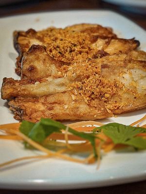Pan fried king oyster mushrooms with garlicky breadcrumbs at Tofu Vegan - Islington in North London