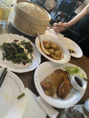 Spicy wonton, blanced Asian Spinach, Vegan Peking  duck at Tofu Vegan - Islington in North London