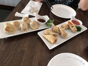 Pot sticker dumplings and spring rolls at Tofu Vegan - Islington in North London