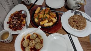 Our spread, including traditional Chinese tea at Tofu Vegan - Islington in North London