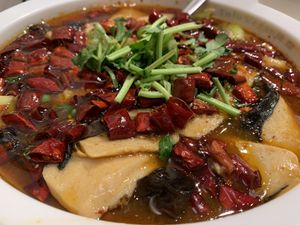 Fish in hot chilli oil  at Tofu Vegan - Islington in North London