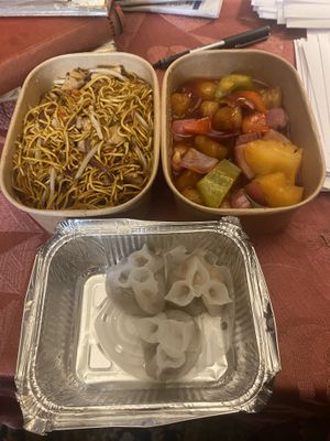 Special Fried Noodles, Sichuan Style, Cantonese Sweet-and-Sour 'Chicken', & Steamed Tofu and Mushroom Dumplings  at Tofu Vegan - Islington in North London