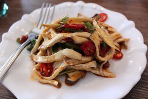 Hand Shredded king oyster mushrooms. Spicy!! at Tofu Vegan - Islington in North London