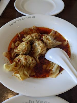 Wontons in house special sauce at Tofu Vegan - Islington in North London