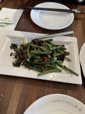 Dry fried Green beans (contains chilli that isn’t mentioned on menu)  at Tofu Vegan - Islington in North London