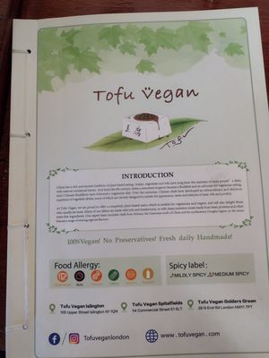 Front of the menu at Tofu Vegan - Islington in North London