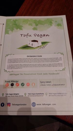Menu at Tofu Vegan - Islington in North London