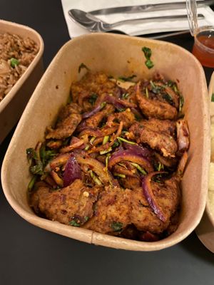 Vegan spicy lamb with onions and coriander  at Tofu Vegan - Islington in North London