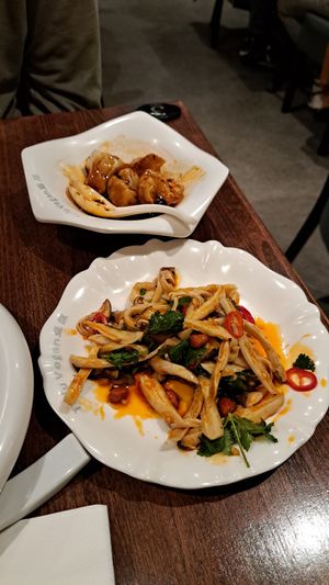 King Oyster Salad (yum!!!!) and dumplings in chef's special sauce at Tofu Vegan - Islington in North London