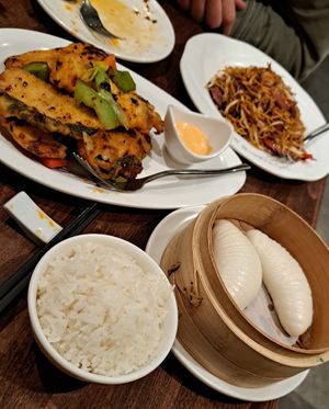 Twice cooked 'fish', lotus buns, fried noodles at Tofu Vegan - Islington in North London