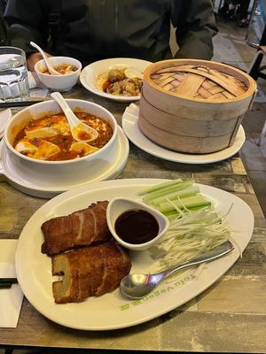 Duck and pancakes (foreground) at Tofu Vegan - Islington in North London