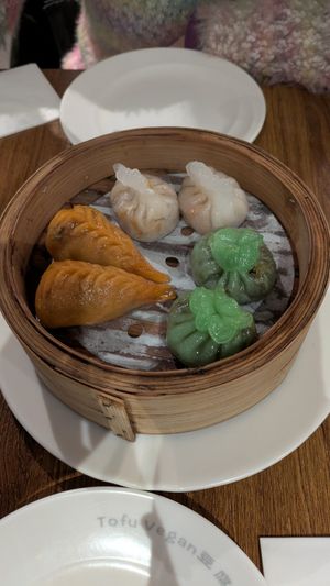 Mixed dim sum. The slimy texture was a surprise, but the fillings were yummy (didn't care about the sliminess after the first one!). at Tofu Vegan - Islington in North London