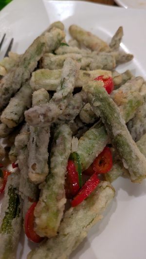 Salt and Sichuan pepper asparagus. Nom. at Tofu Vegan - Islington in North London