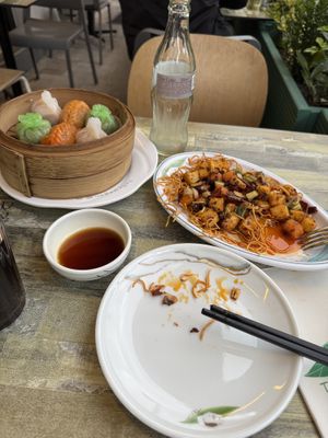 dim sum sampler and crispy tofu and sweet potato  at Tofu Vegan - Islington in North London