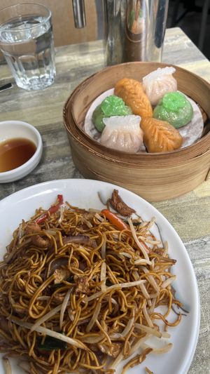 Fried tofu noodles and dim sum  at Tofu Vegan - Islington in North London