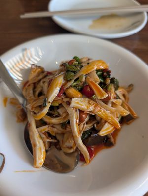 Hand shredded king o'ster mushrooms at Tofu Vegan - Islington in North London