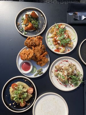 Sweet potato, bravas, mushrooms, gnocchi and cauli tapas at Vegan Tapas in Heswall