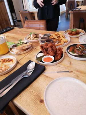 A selection of tapas we ordered, Nashville Mushrooms, chips and dips, sweetpitato Harris's, hummus and flatbreads, mushroom pate 😋 at Vegan Tapas in Heswall