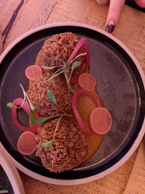 Katsu arancini with Japanese pickles at Vegan Tapas in Heswall