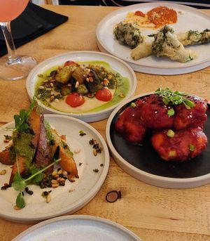 Sweet potatoes, pesto gnocchi & Korean BBQ cauliflower at Vegan Tapas in Heswall