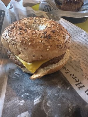 Vegan sausage and cheese on an everything bagel  at Curiosity Coffee Bar in Columbia