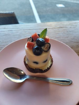 Soy cream cake with blueberries and some sort of strawberry mixture at Merci Cinq in Kawasaki