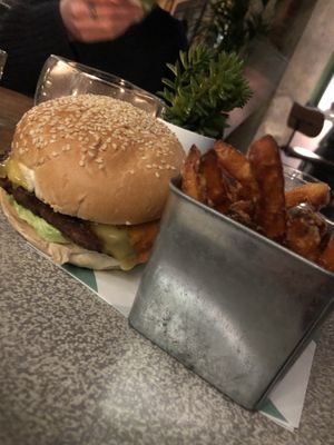 Burger and sweet potato fries  at Powerplant in North West London