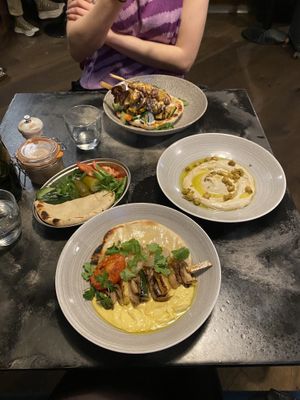 Kebab for my friend and oyster skewers! As well as sharing the hummus!  at Powerplant in North West London