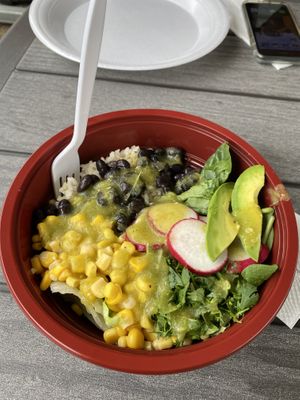 Vegan bowl topped with green salsa   at Garcia's Cocina in Tillamook